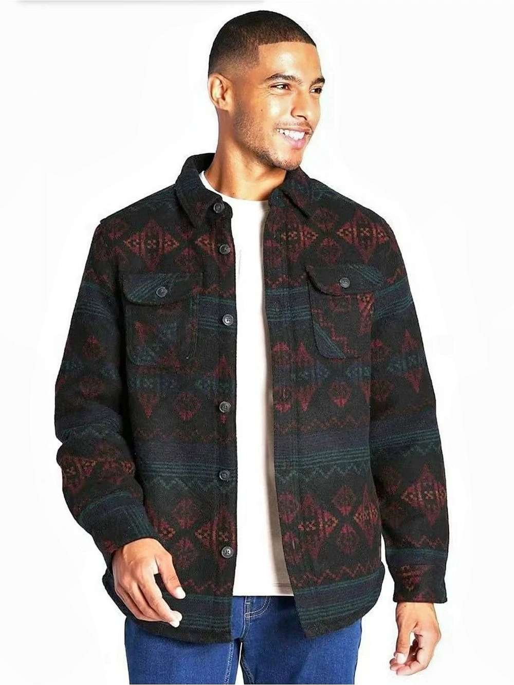 Jachs NY Patterned Sherpa-Lined Shirt Jacket Men's Pockets Geometric Size Medium